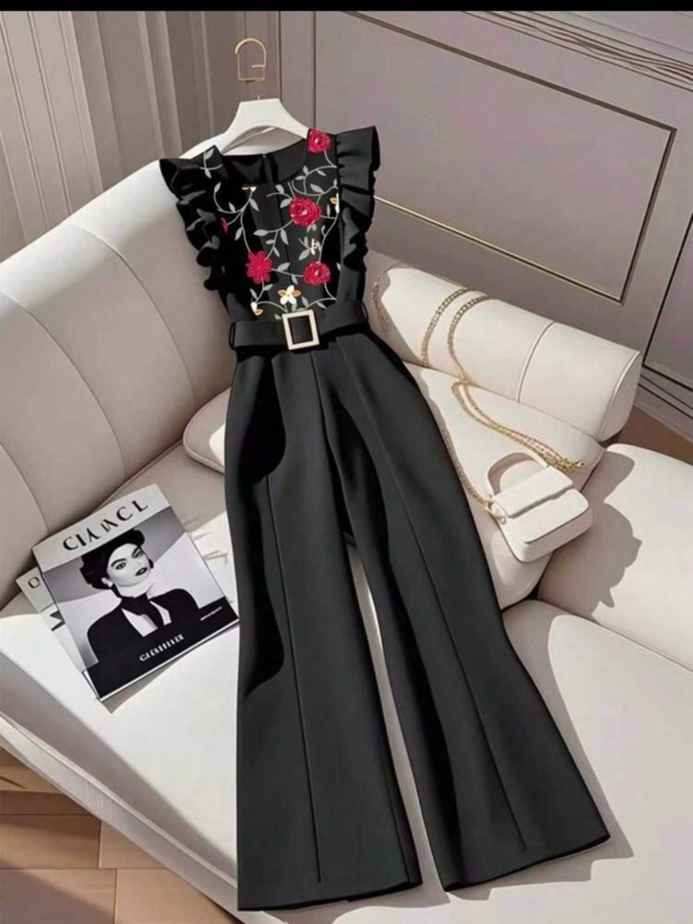 Black Floral Embroidered Wide-Leg Jumpsuit